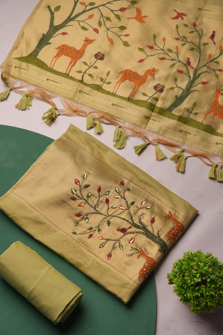 Atelier Green Muga Cotton Pichwai Handwork Unstitched Suit Set