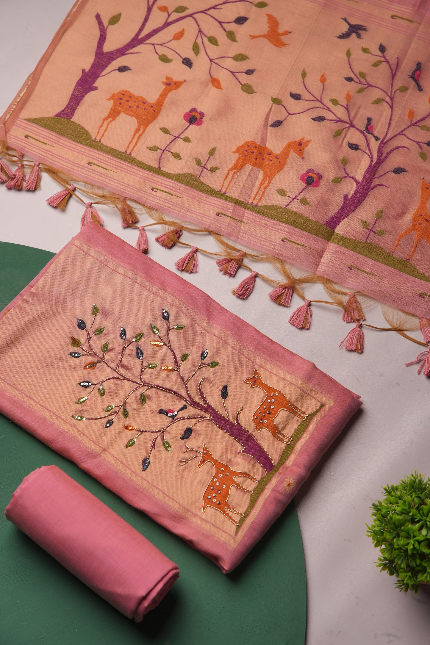 Atelier Pink Muga Cotton Pichwai Handwork Unstitched Suit Set