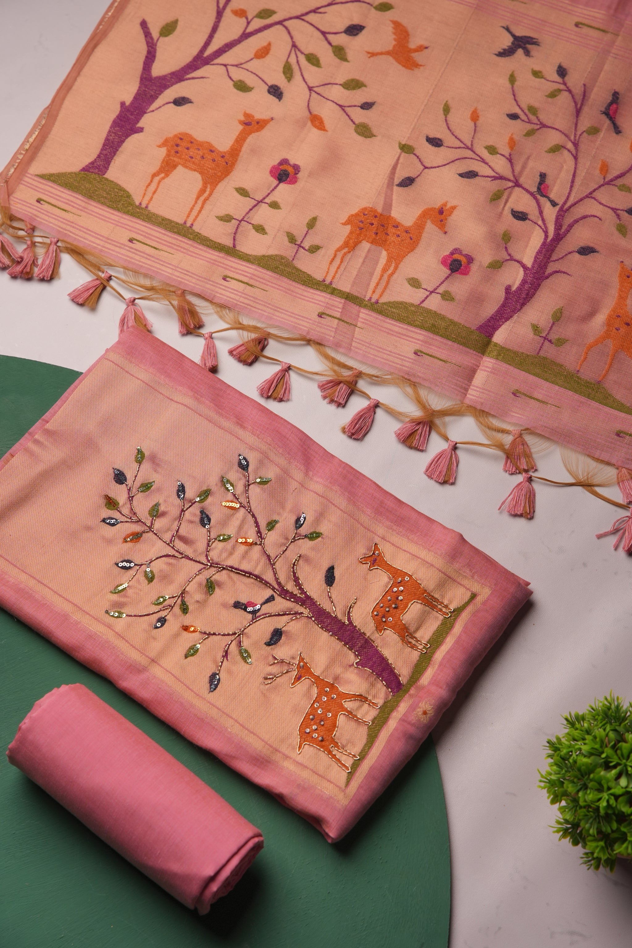 Atelier Pink Muga Cotton Pichwai Handwork Unstitched Suit Set