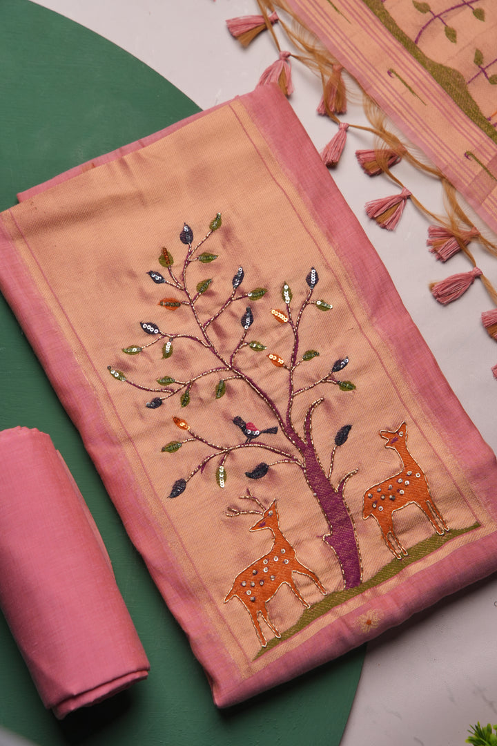 Atelier Pink Muga Cotton Pichwai Handwork Unstitched Suit Set