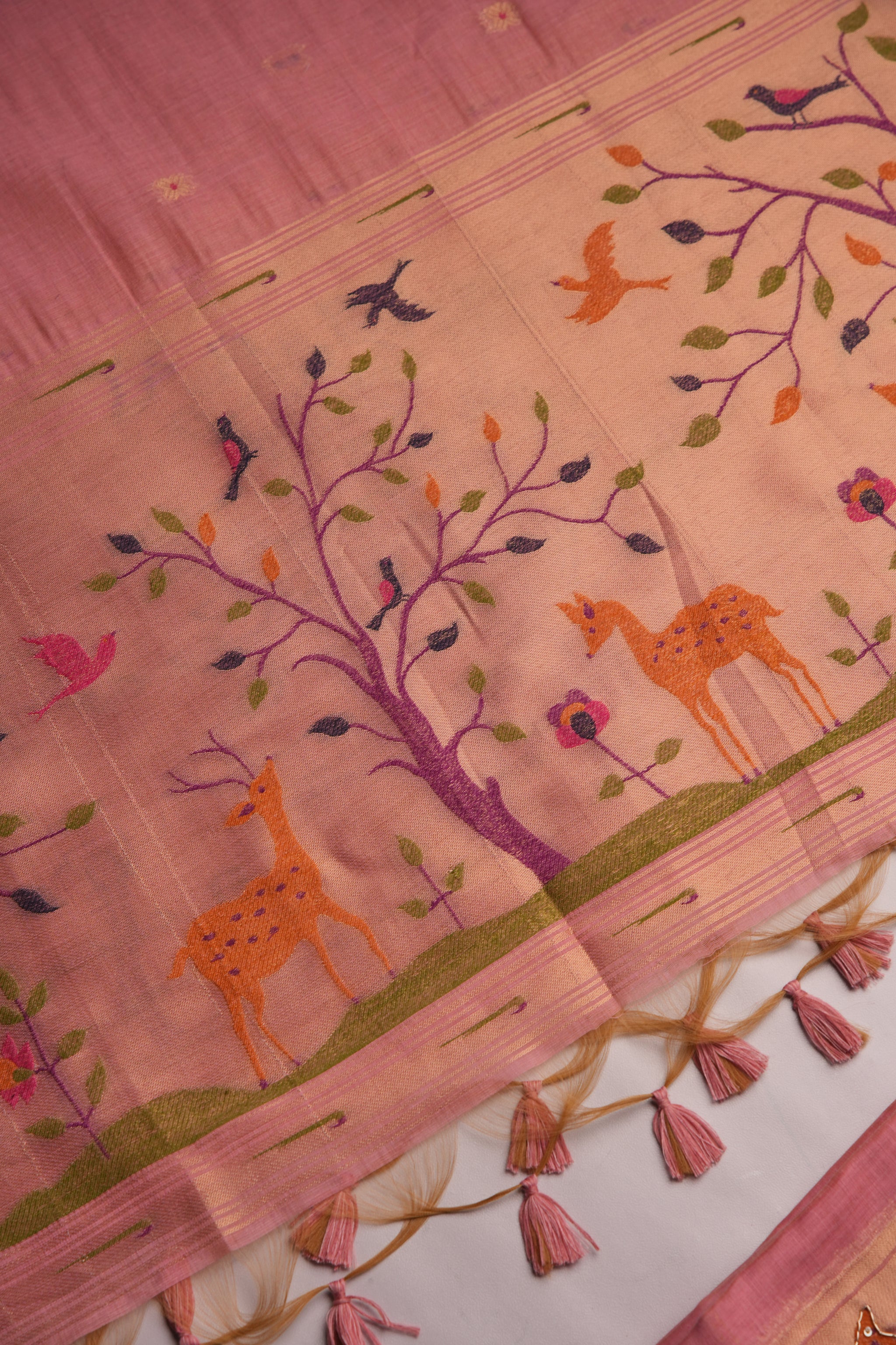 Atelier Pink Muga Cotton Pichwai Handwork Unstitched Suit Set
