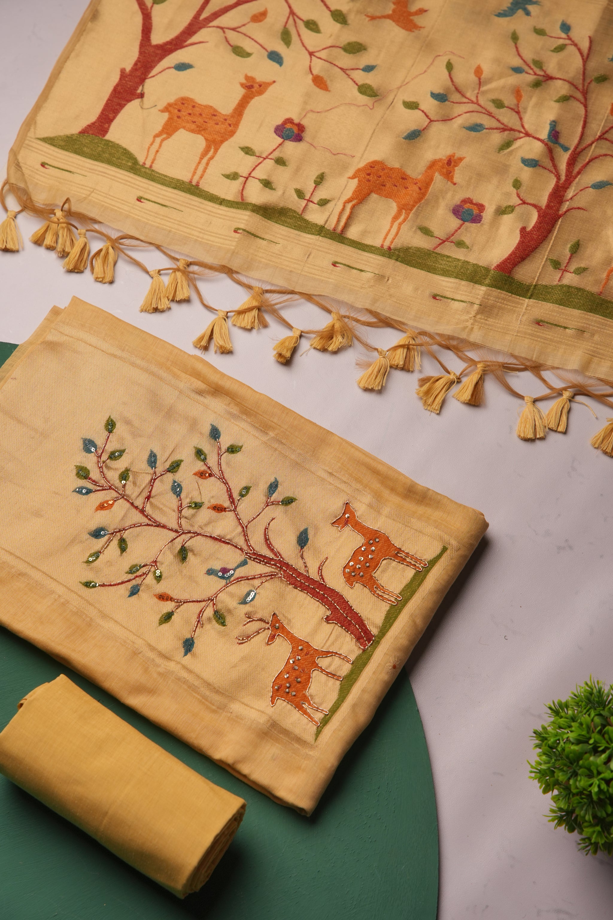 Atelier Yellow Muga Cotton Pichwai Handwork Unstitched Suit Set