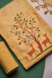 Atelier Yellow Muga Cotton Pichwai Handwork Unstitched Suit Set