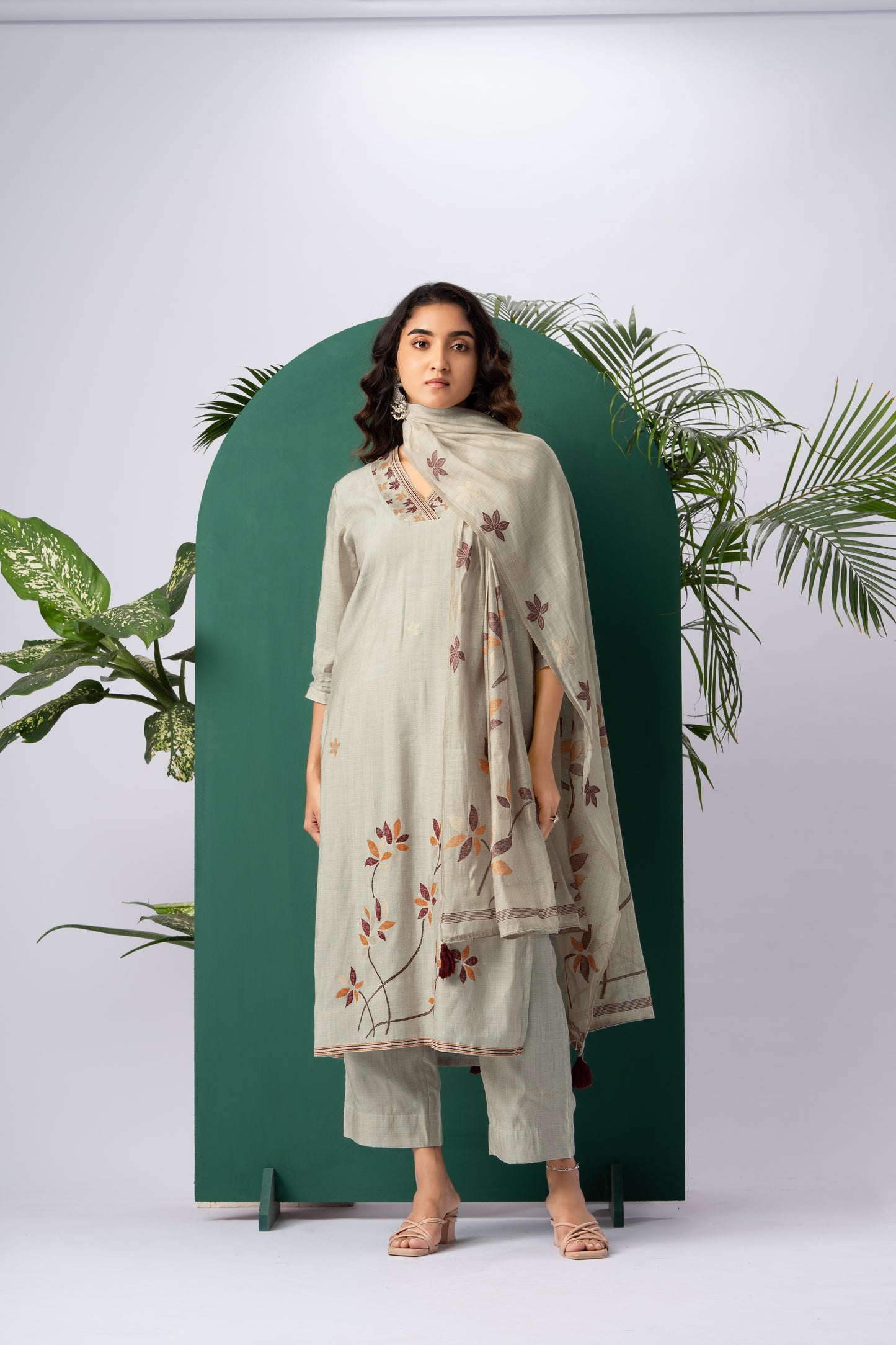 Petals & Weaves Beige Viscose Cotton Stitched Suit Sets