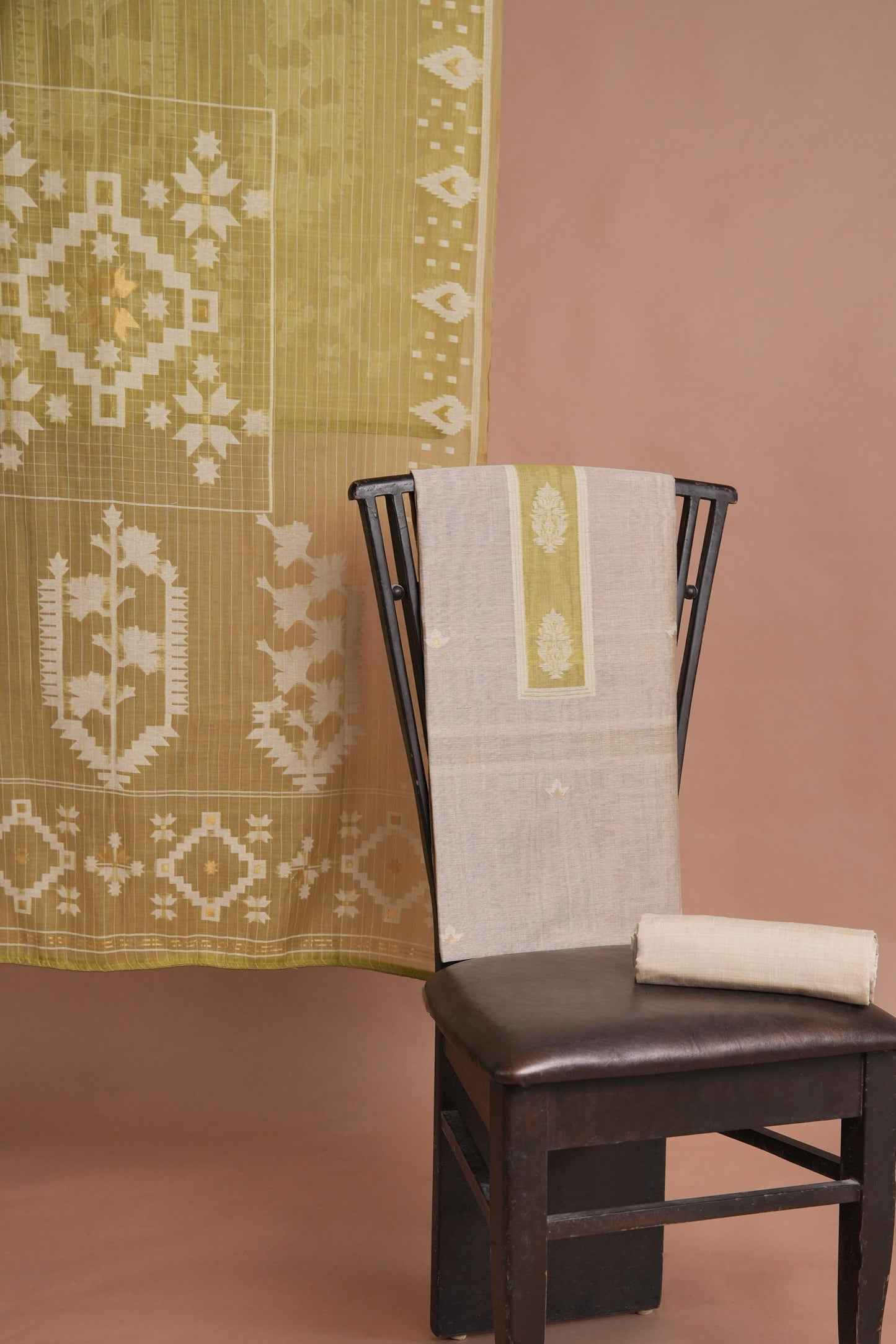 Minimal Mood Beige & Green Cotton Linen Unstitched Suit Set