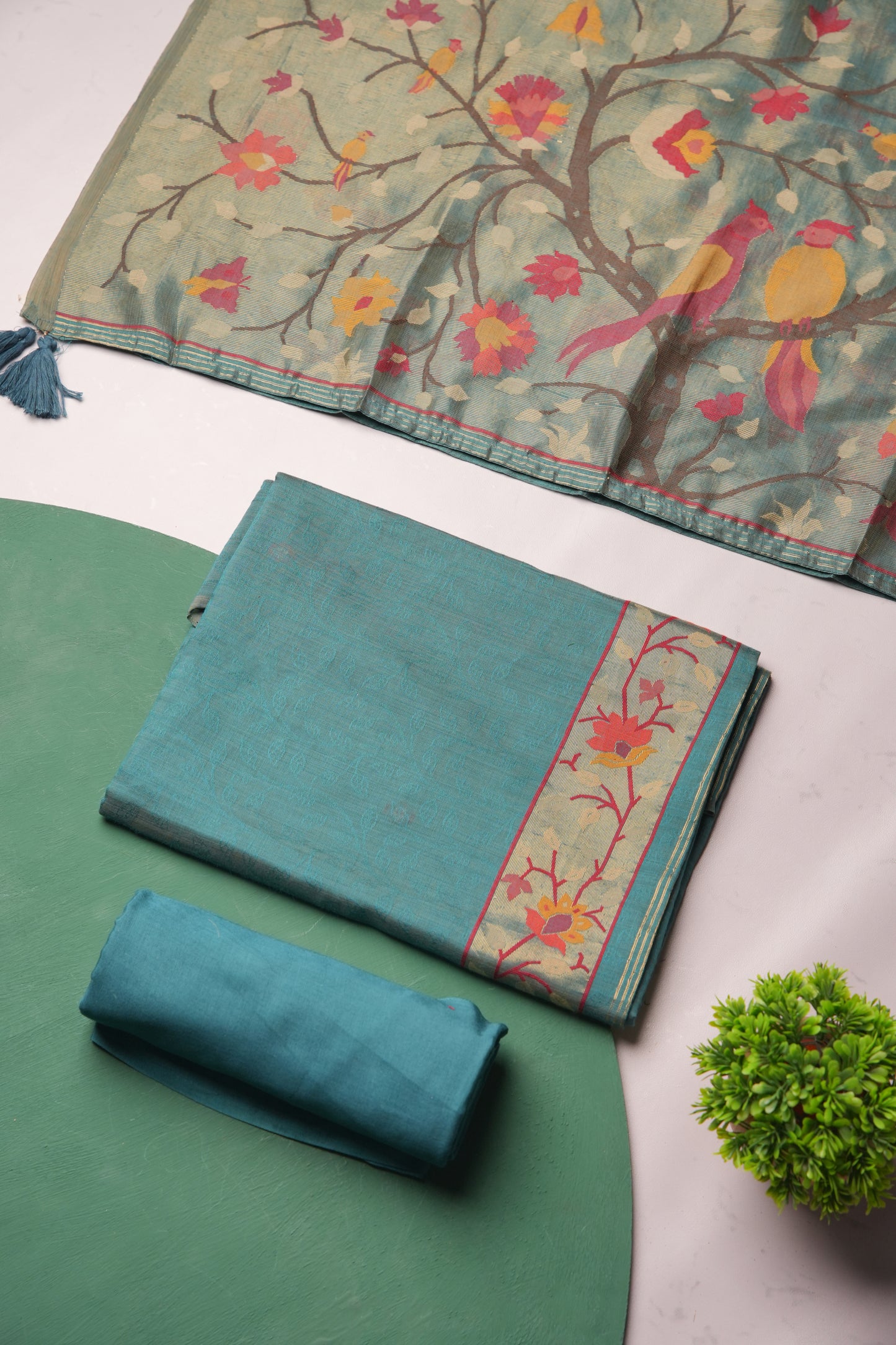 Sable Teal Viscose Jacquard Unstitched Suit Set