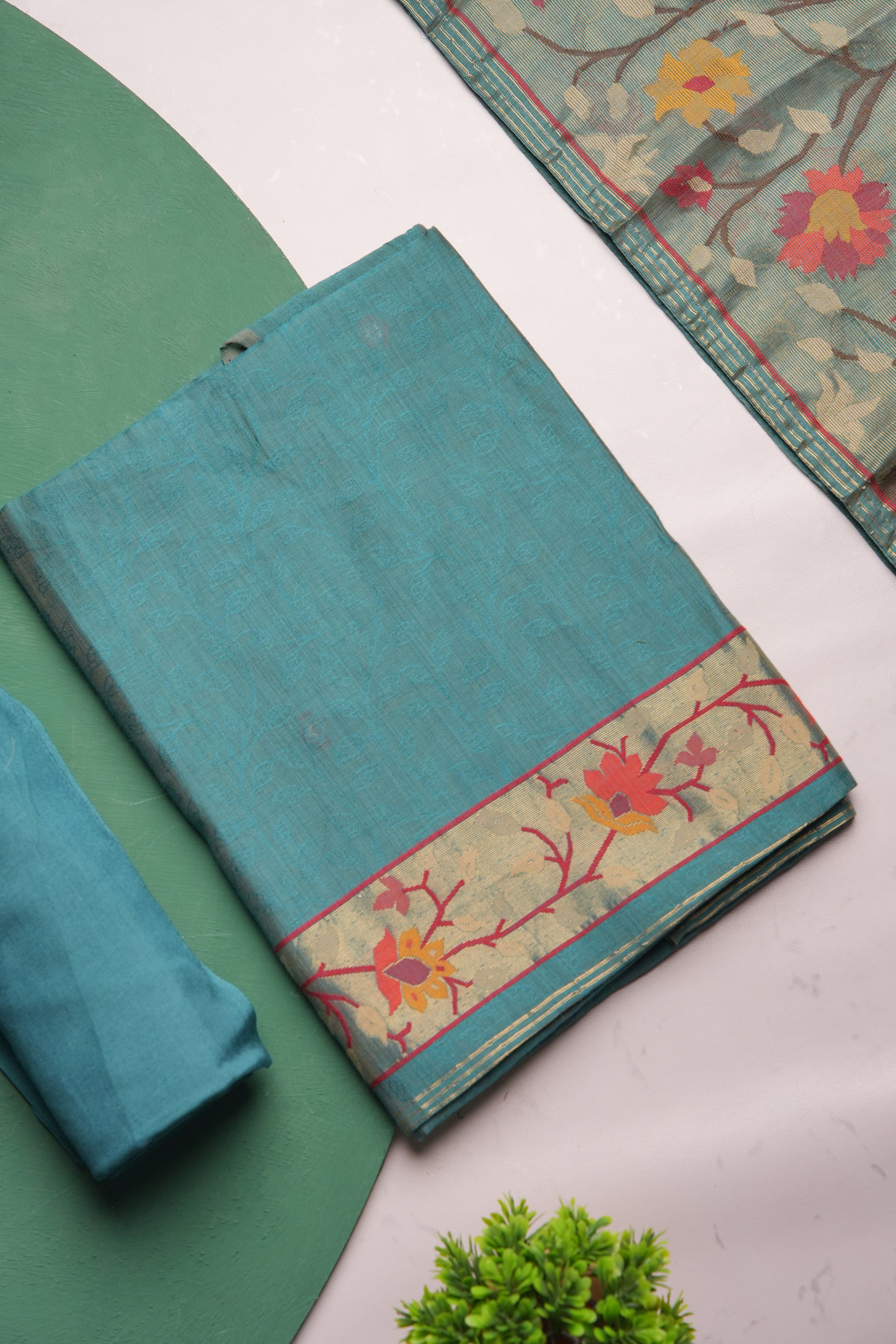 Sable Teal Viscose Jacquard Unstitched Suit Set