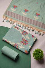 Floral Hush Light Blue Muga Cotton Unstitched Suit Set