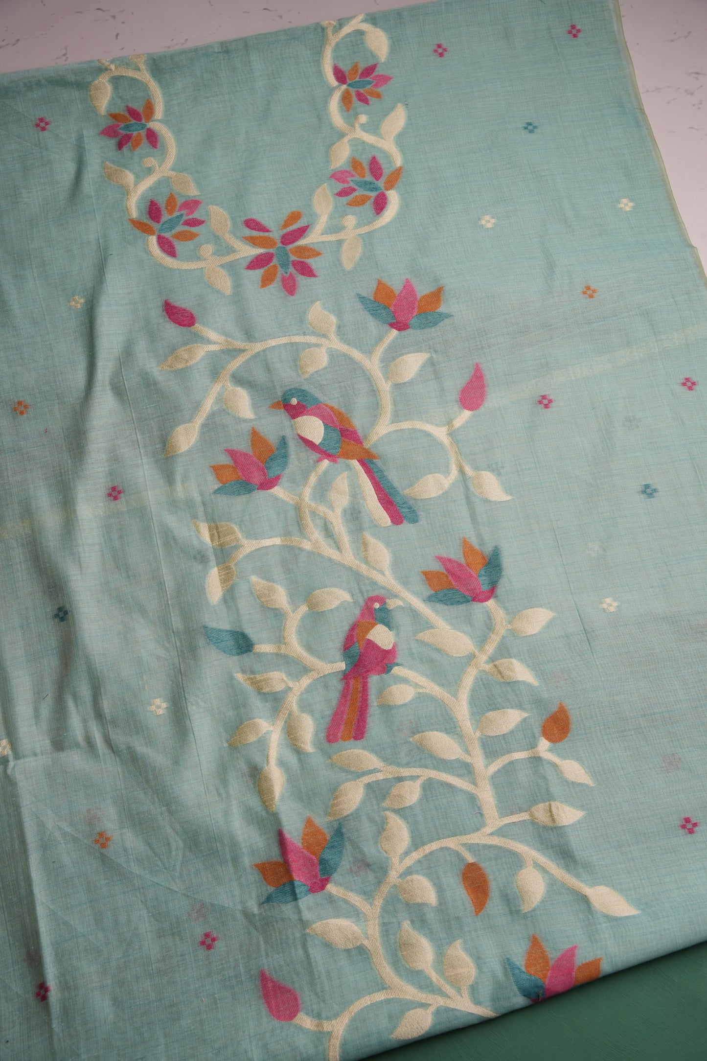 Floral Hush Light Blue Muga Cotton Unstitched Suit Set