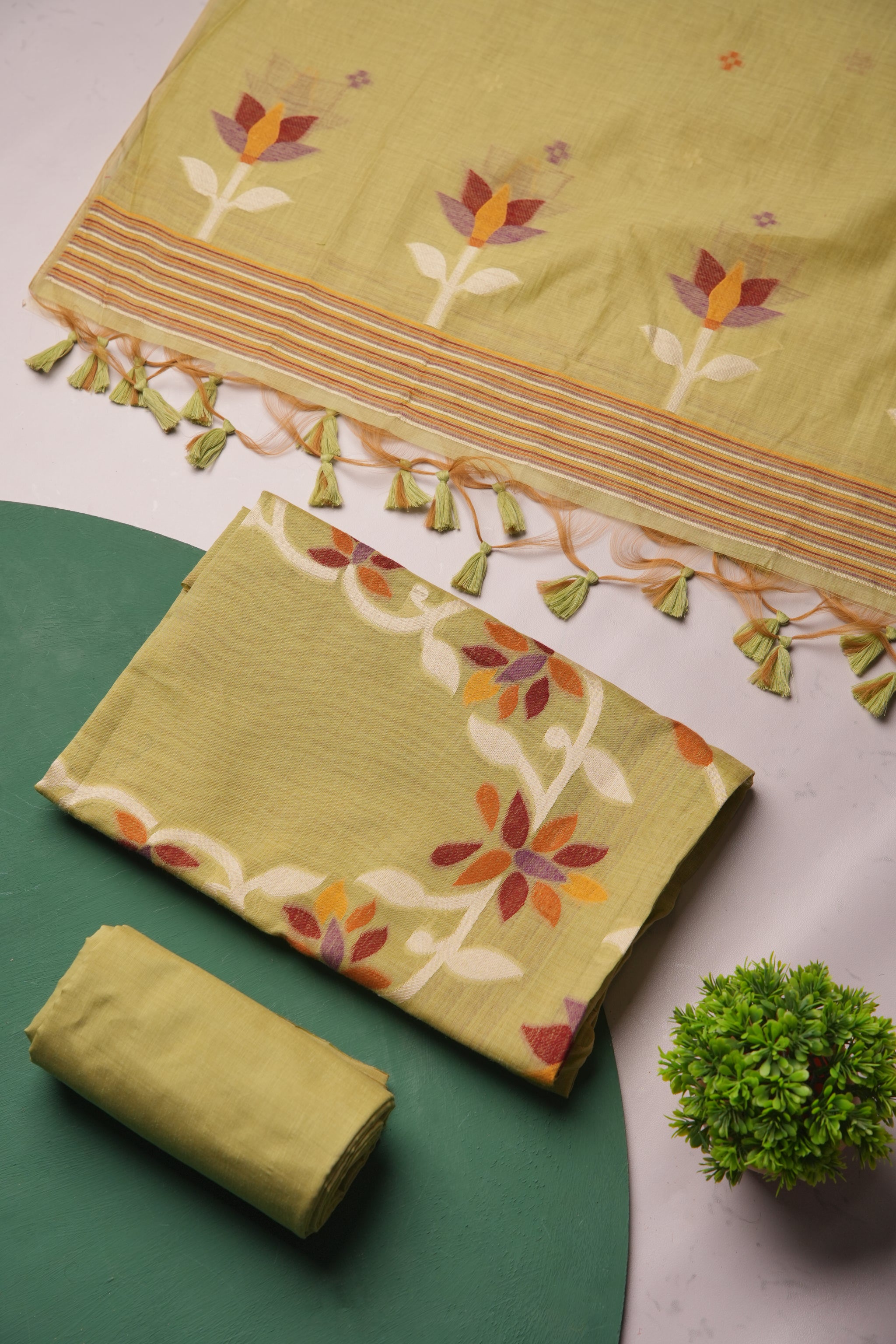 Floral Hush Green Muga Cotton Unstitched Suit Set