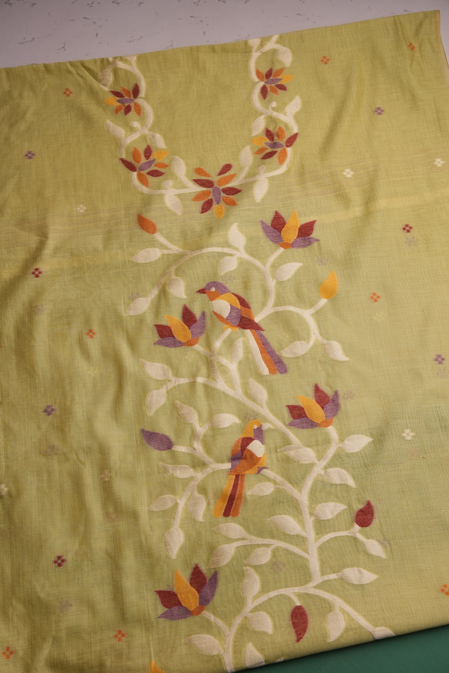 Floral Hush Green Muga Cotton Unstitched Suit Set