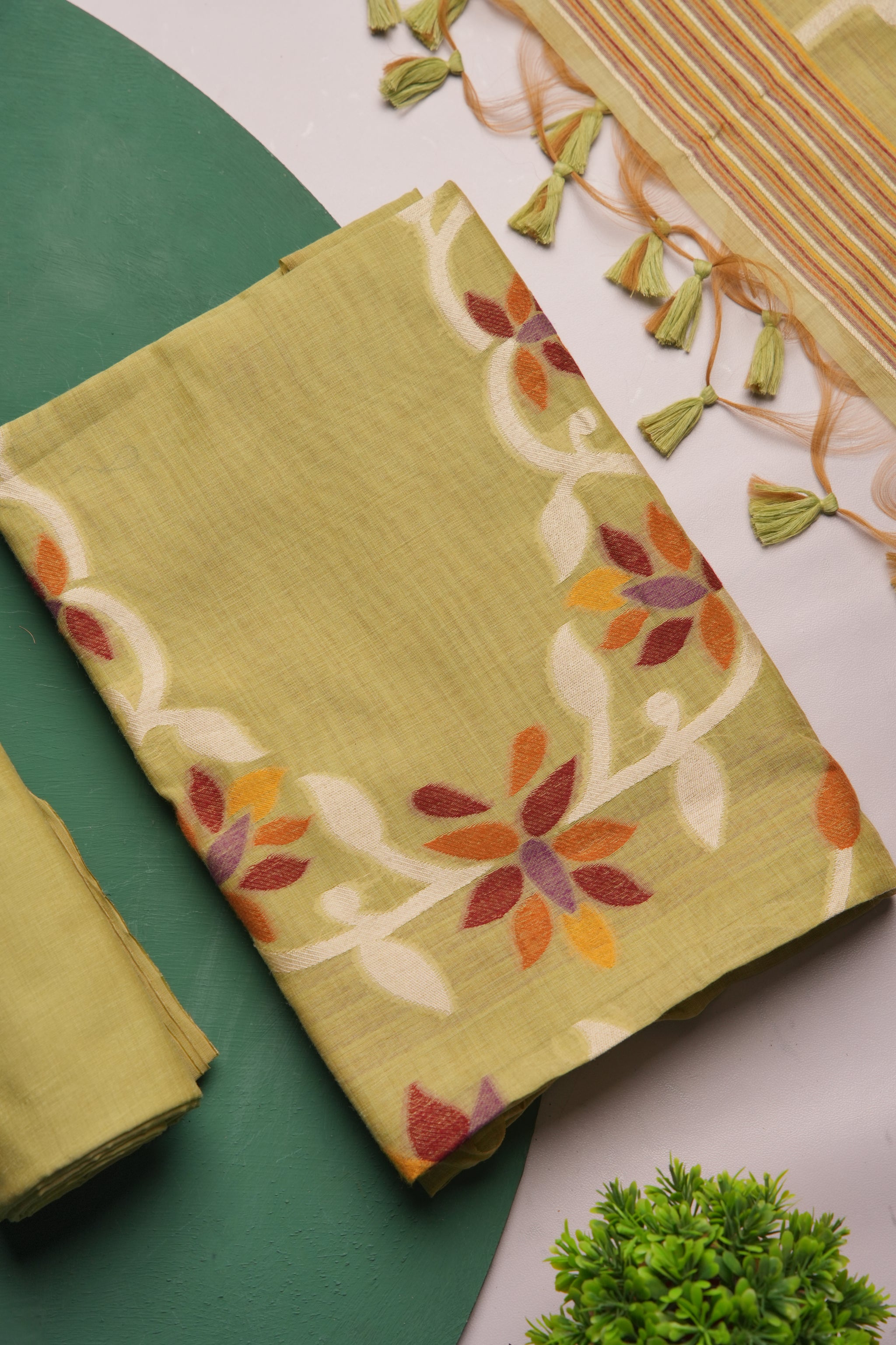 Floral Hush Green Muga Cotton Unstitched Suit Set