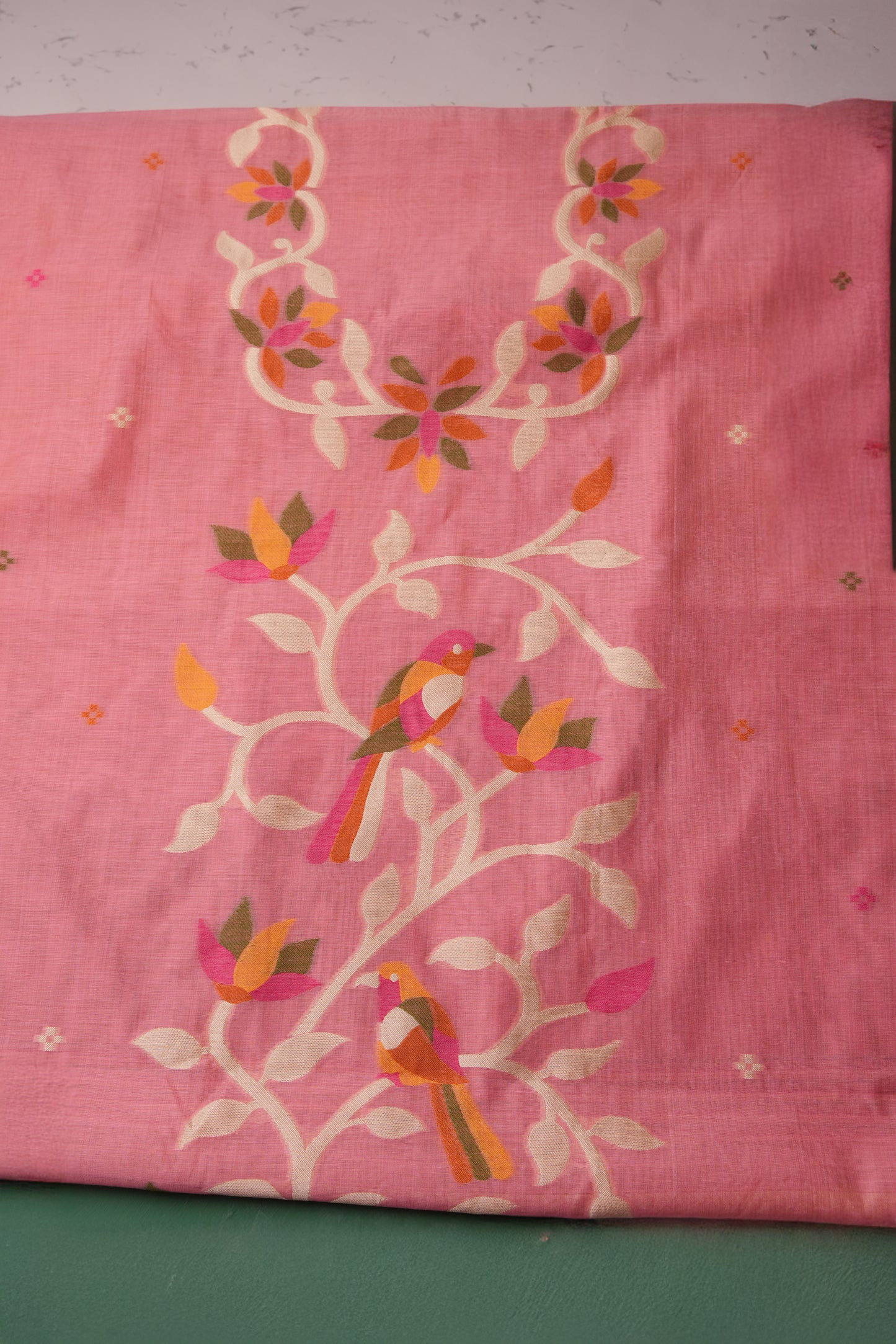 Floral Hush Pink Muga Cotton Unstitched Suit Set