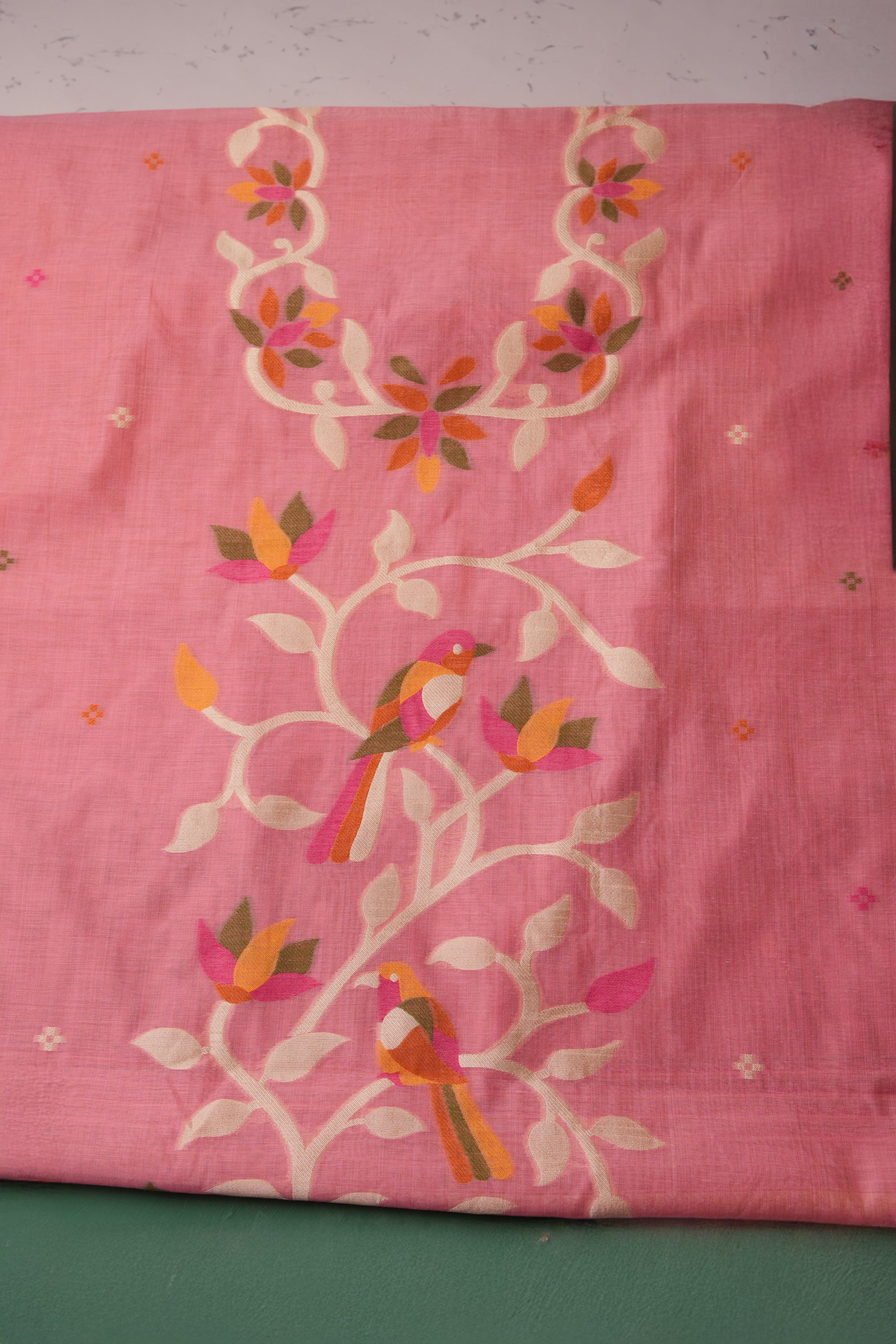 Floral Hush Pink Muga Cotton Unstitched Suit Set