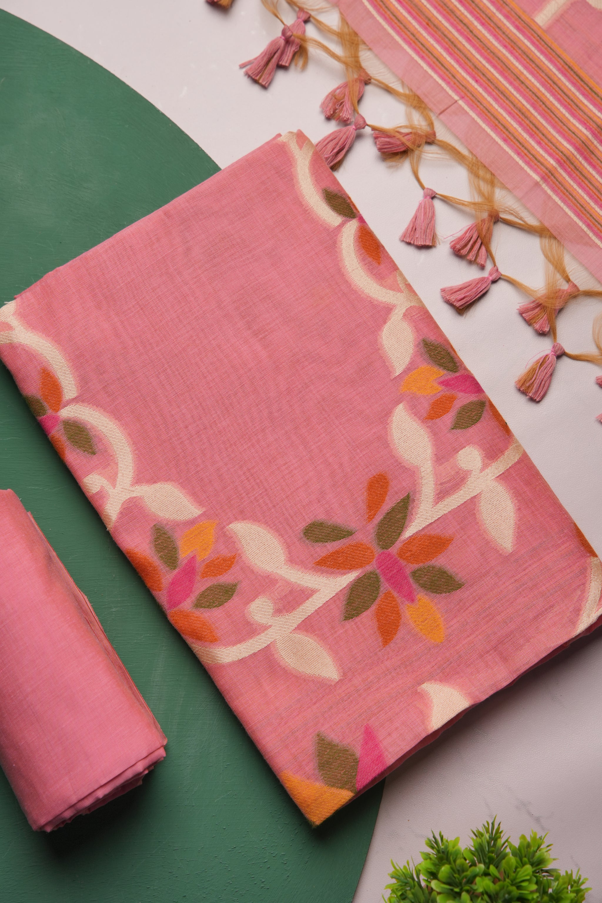 Floral Hush Pink Muga Cotton Unstitched Suit Set