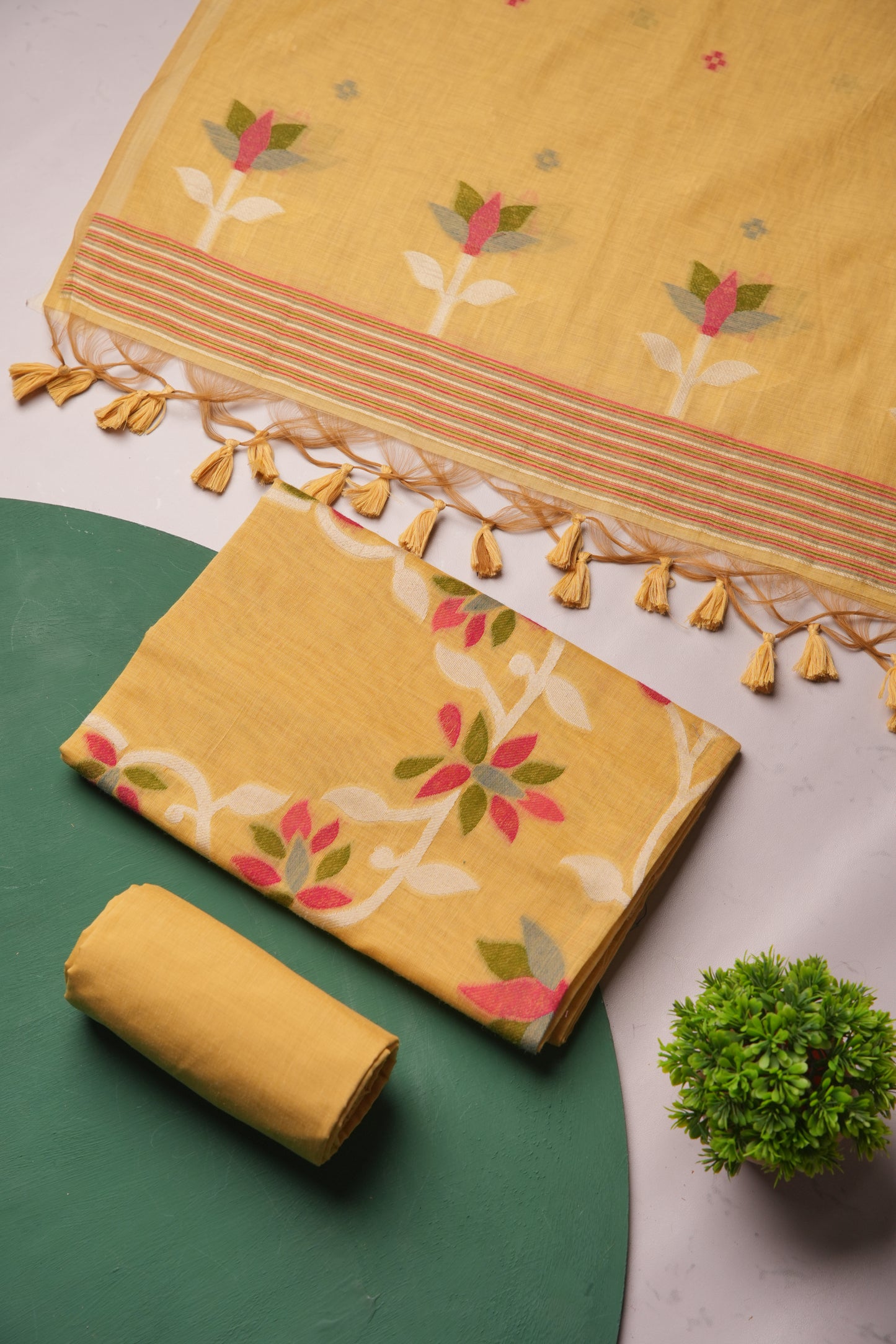 Floral Hush Yellow Muga Cotton Unstitched Suit Set