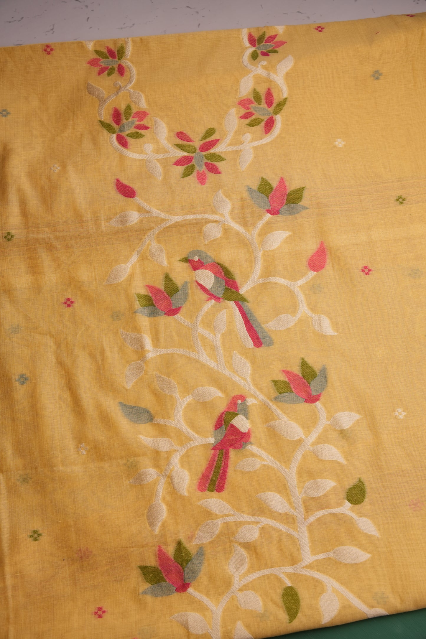 Floral Hush Yellow Muga Cotton Unstitched Suit Set