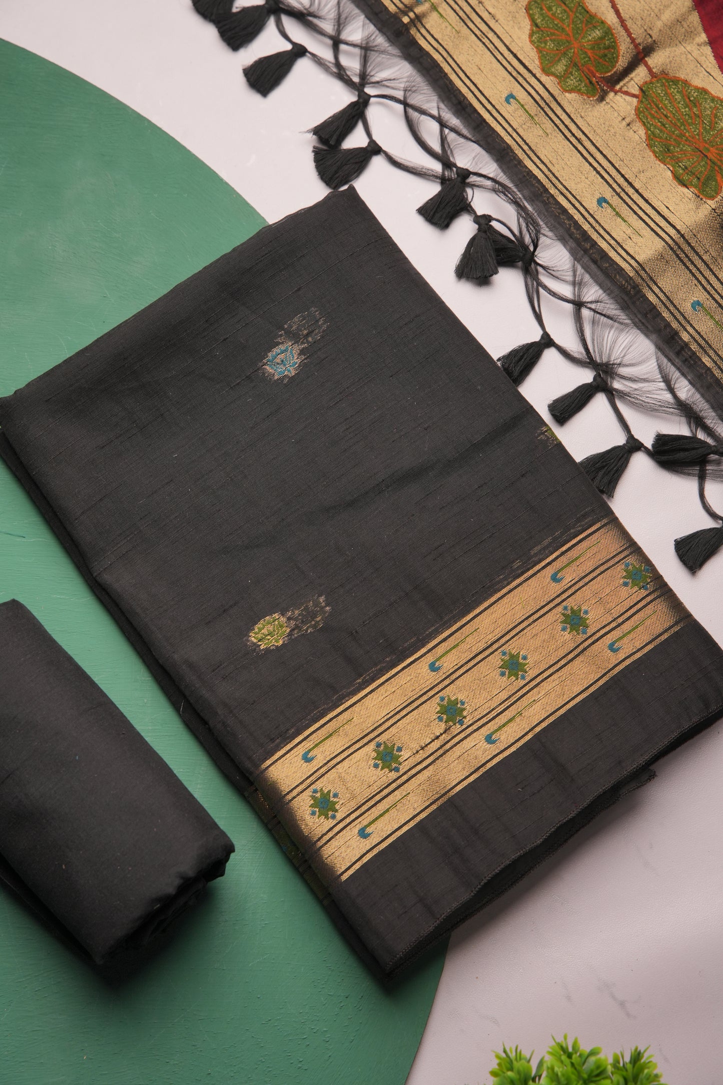 Regalia Black Paithani Muga Cotton Unstitched Suit Set