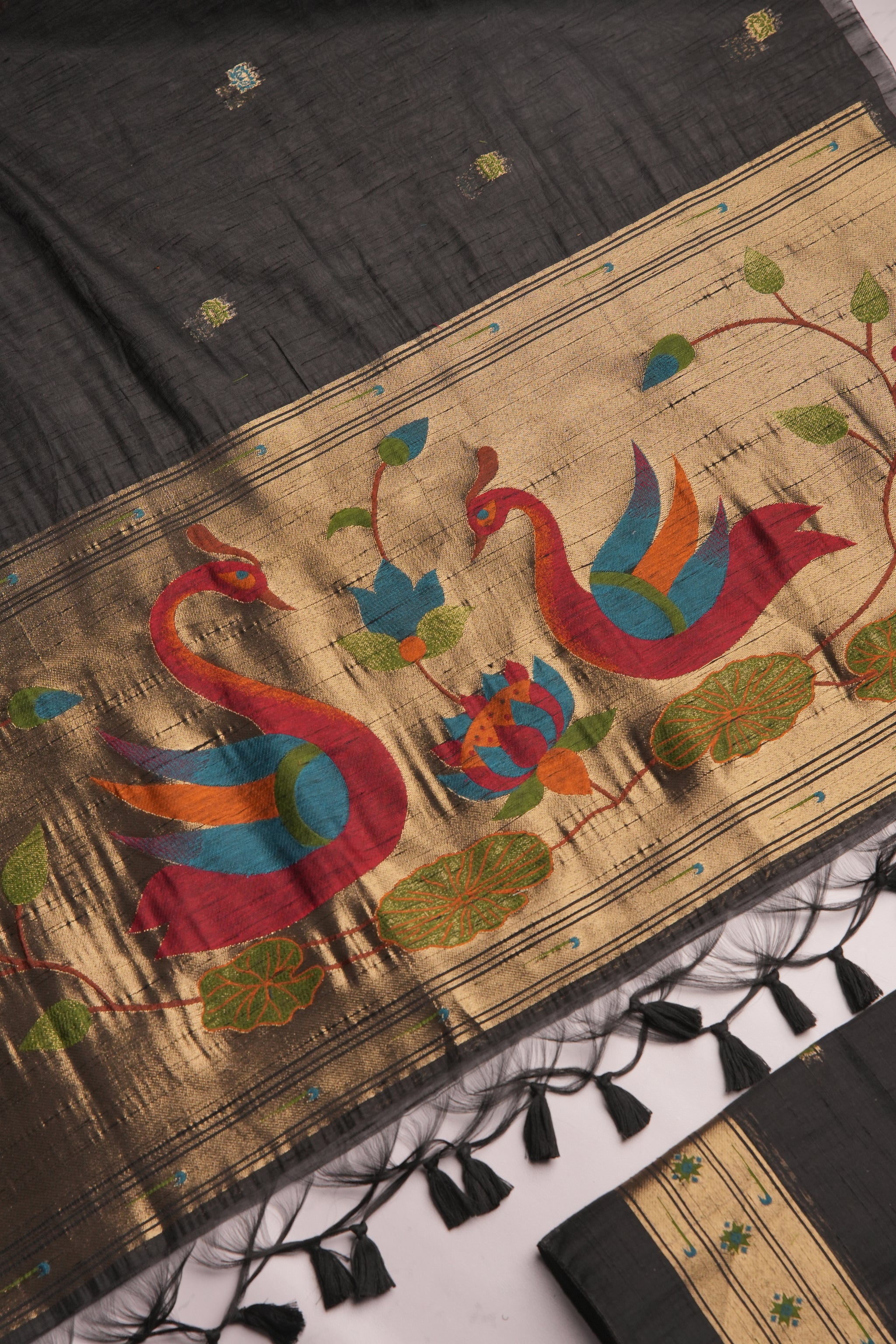 Regalia Black Paithani Muga Cotton Unstitched Suit Set