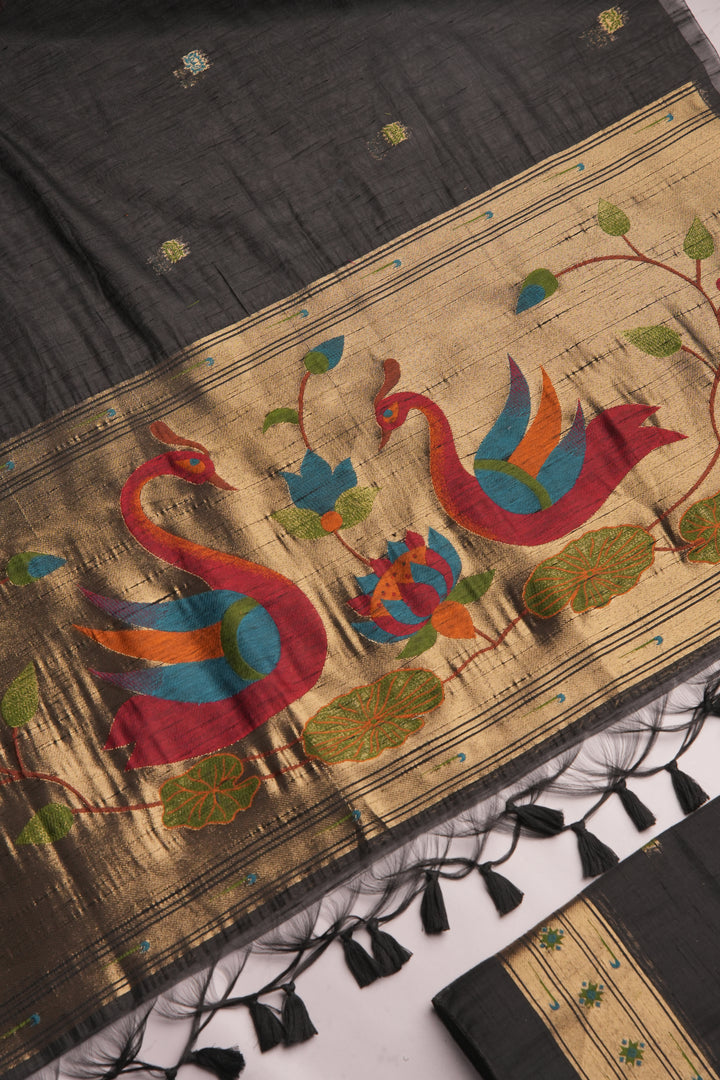 Regalia Black Paithani Muga Cotton Unstitched Suit Set