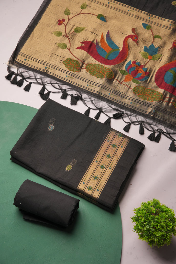 Regalia Black Paithani Muga Cotton Unstitched Suit Set