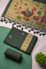 Regalia Dark Green Paithani Muga Cotton Unstitched Suit Set