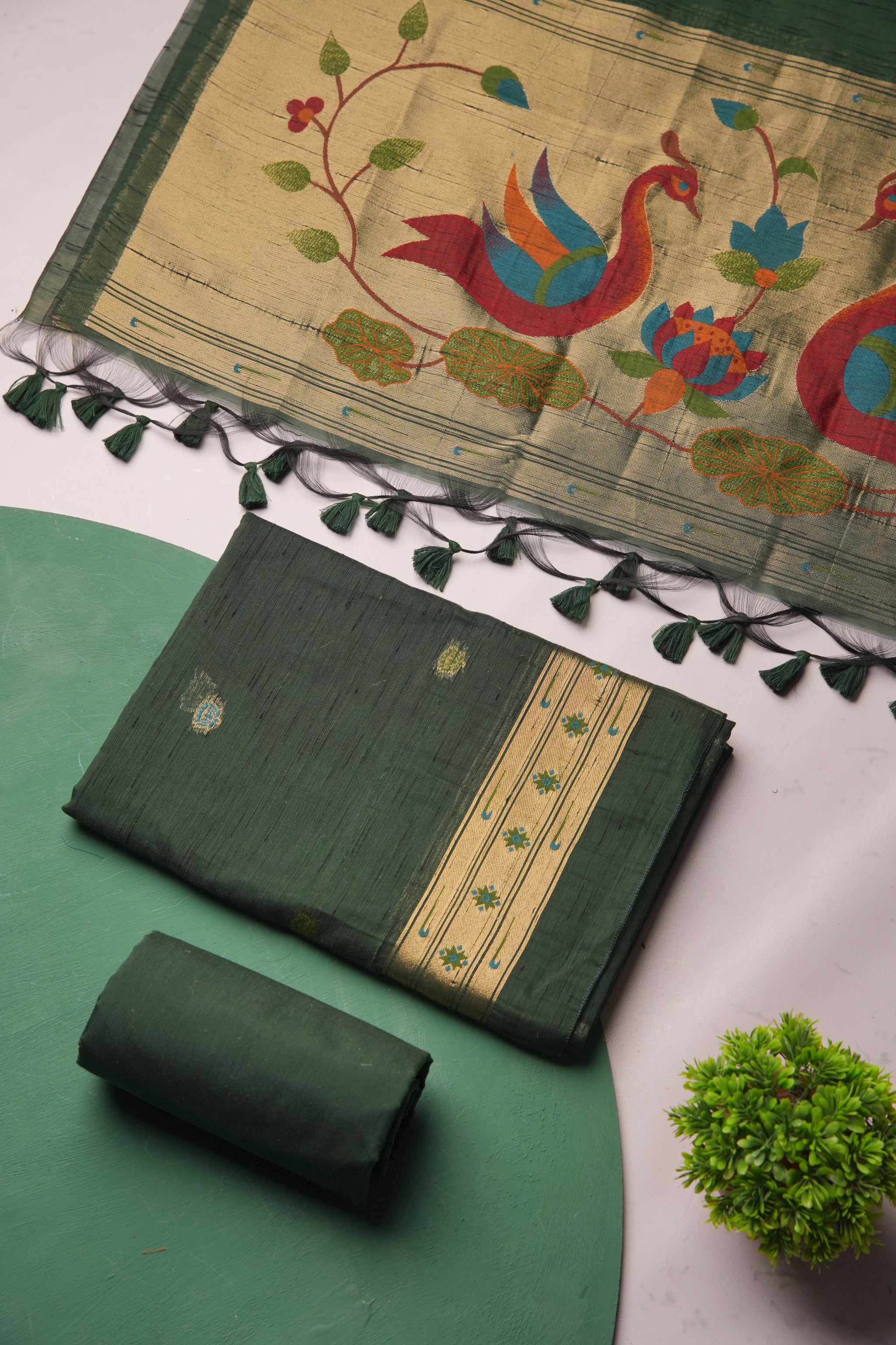Regalia Dark Green Paithani Muga Cotton Unstitched Suit Set