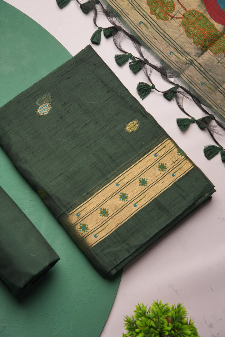 Regalia Dark Green Paithani Muga Cotton Unstitched Suit Set