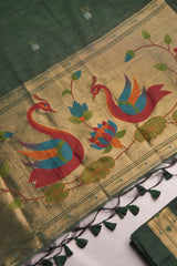 Regalia Dark Green Paithani Muga Cotton Unstitched Suit Set