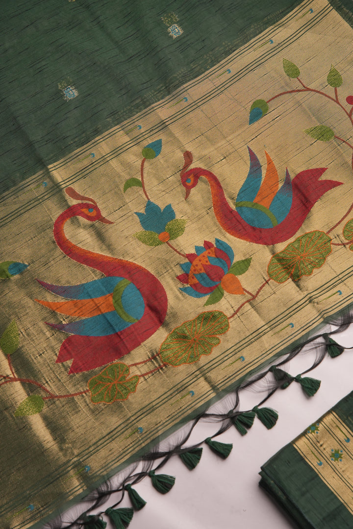 Regalia Dark Green Paithani Muga Cotton Unstitched Suit Set