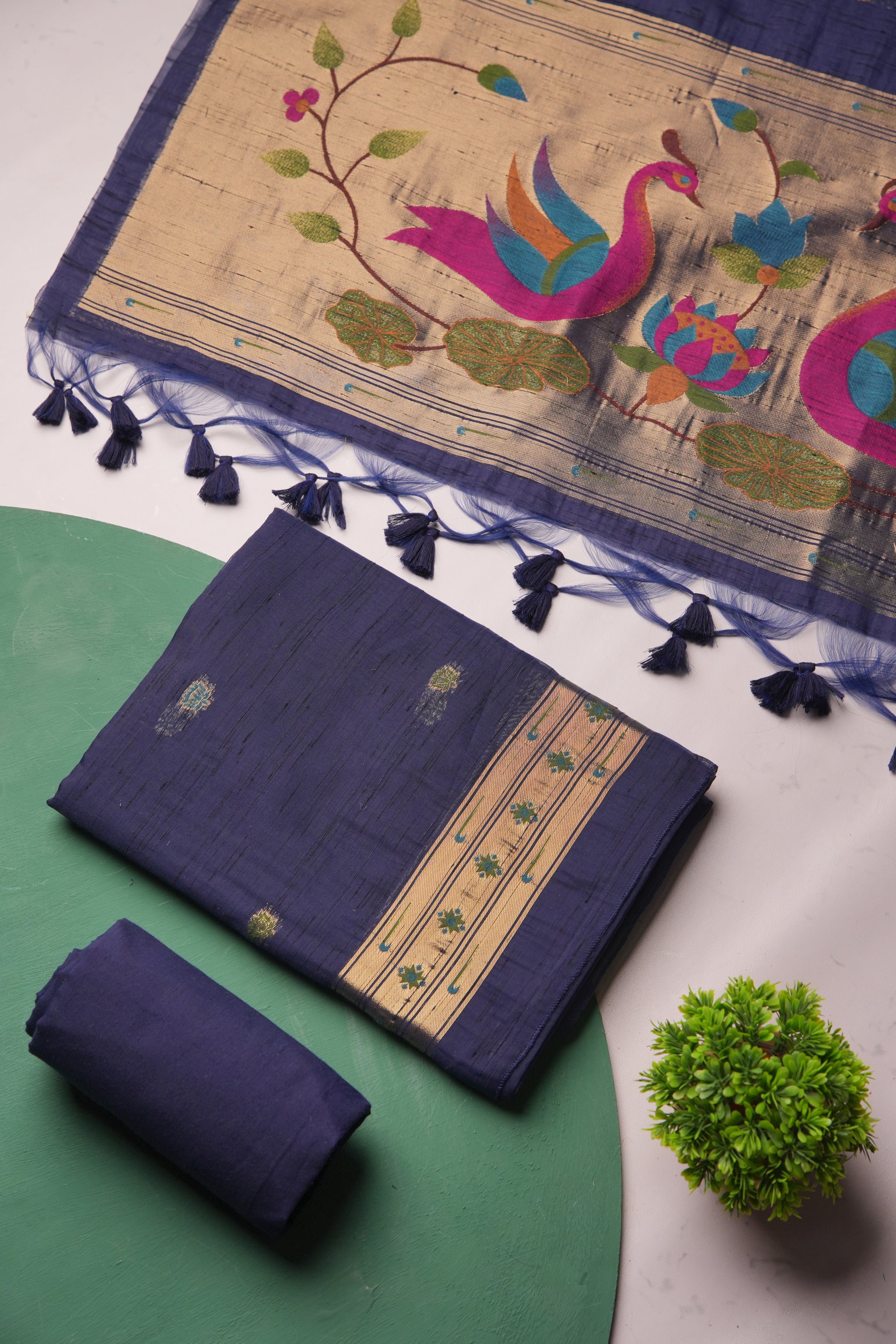 Regalia Navy Blue Paithani Muga Cotton Unstitched Suit Set