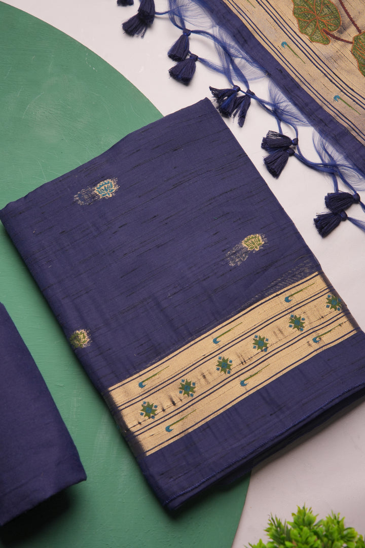 Regalia Navy Blue Paithani Muga Cotton Unstitched Suit Set