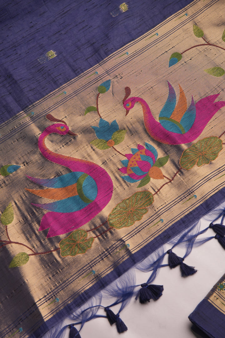 Regalia Navy Blue Paithani Muga Cotton Unstitched Suit Set