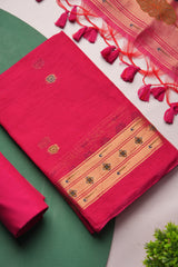 Regalia Pink Paithani Muga Cotton Unstitched Suit Set