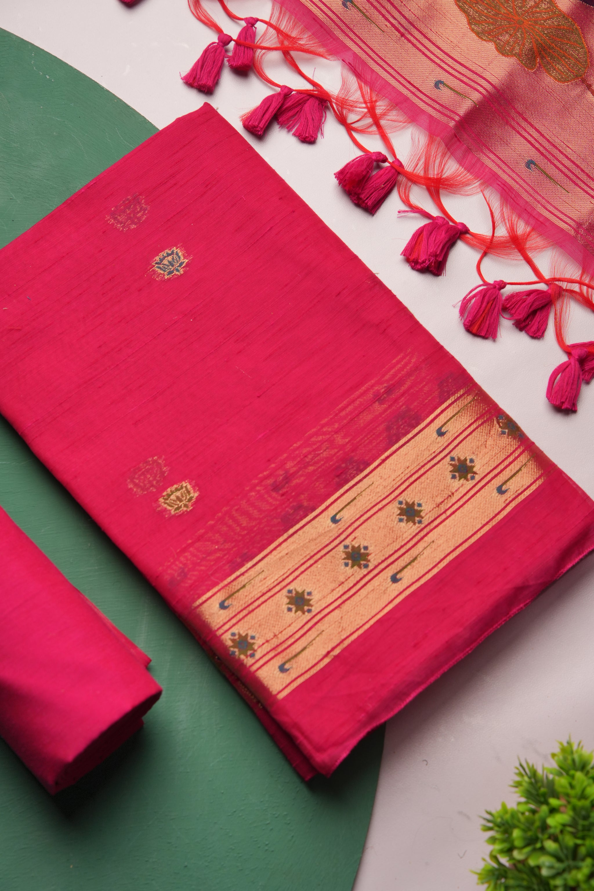 Regalia Pink Paithani Muga Cotton Unstitched Suit Set