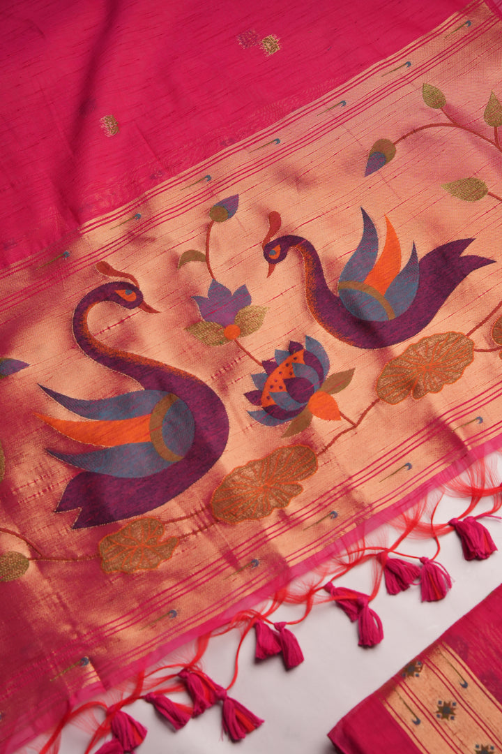 Regalia Pink Paithani Muga Cotton Unstitched Suit Set