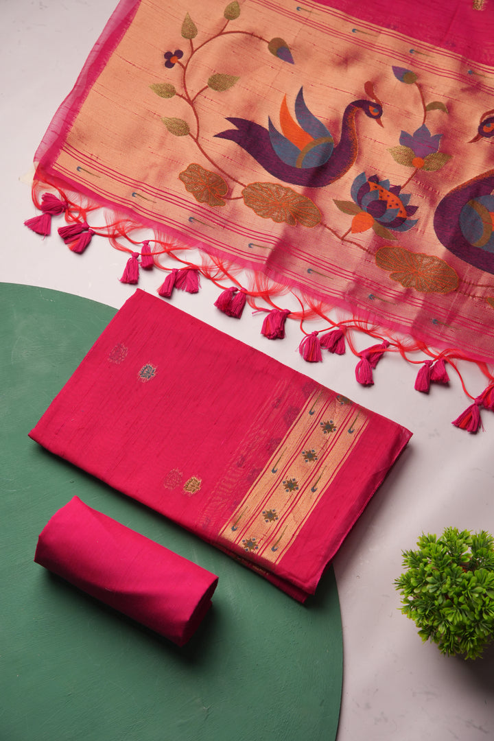 Regalia Pink Paithani Muga Cotton Unstitched Suit Set