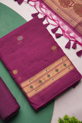 Regalia Wine Paithani Muga Cotton Unstitched Suit Set
