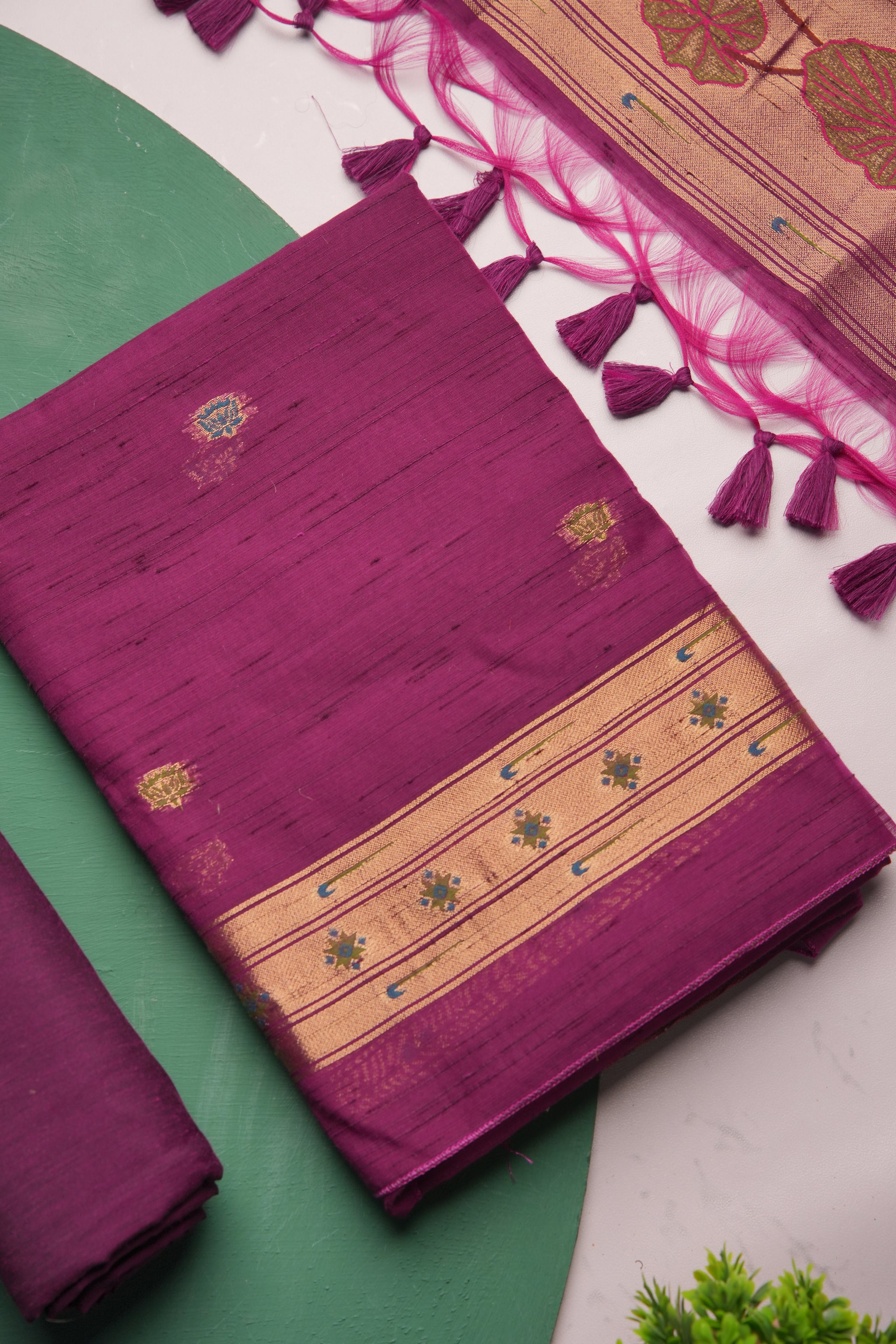 Regalia Wine Paithani Muga Cotton Unstitched Suit Set