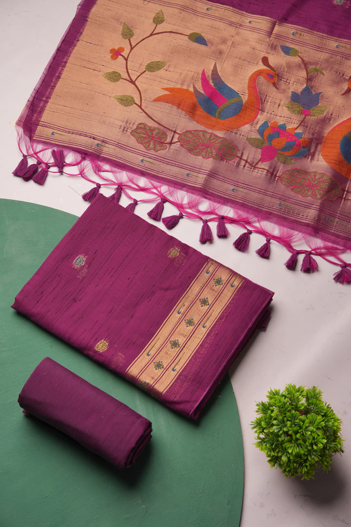 Regalia Wine Paithani Muga Cotton Unstitched Suit Set