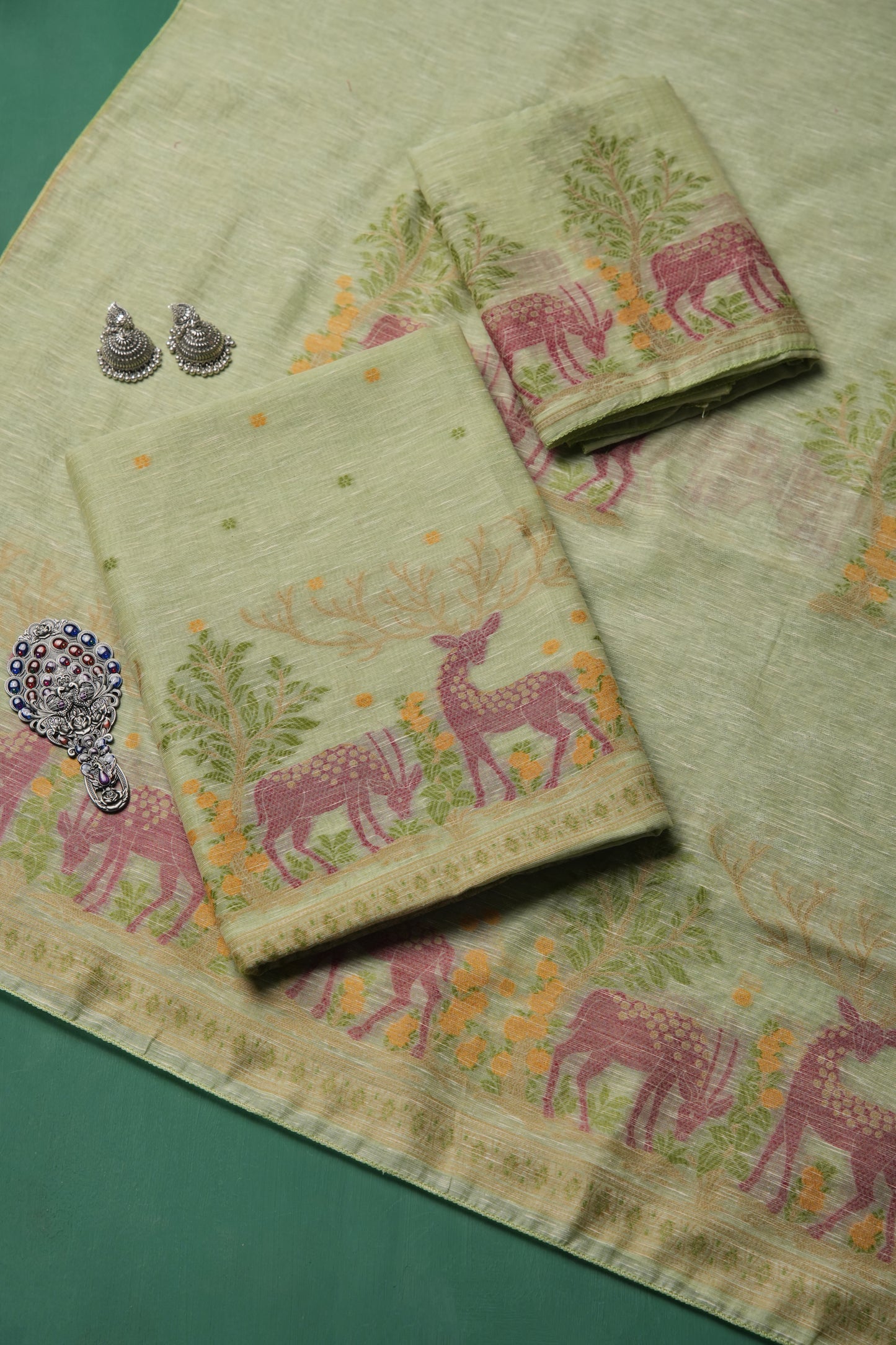 Linen Aura Pista Green Cotton Linen Unstitched Suit Set