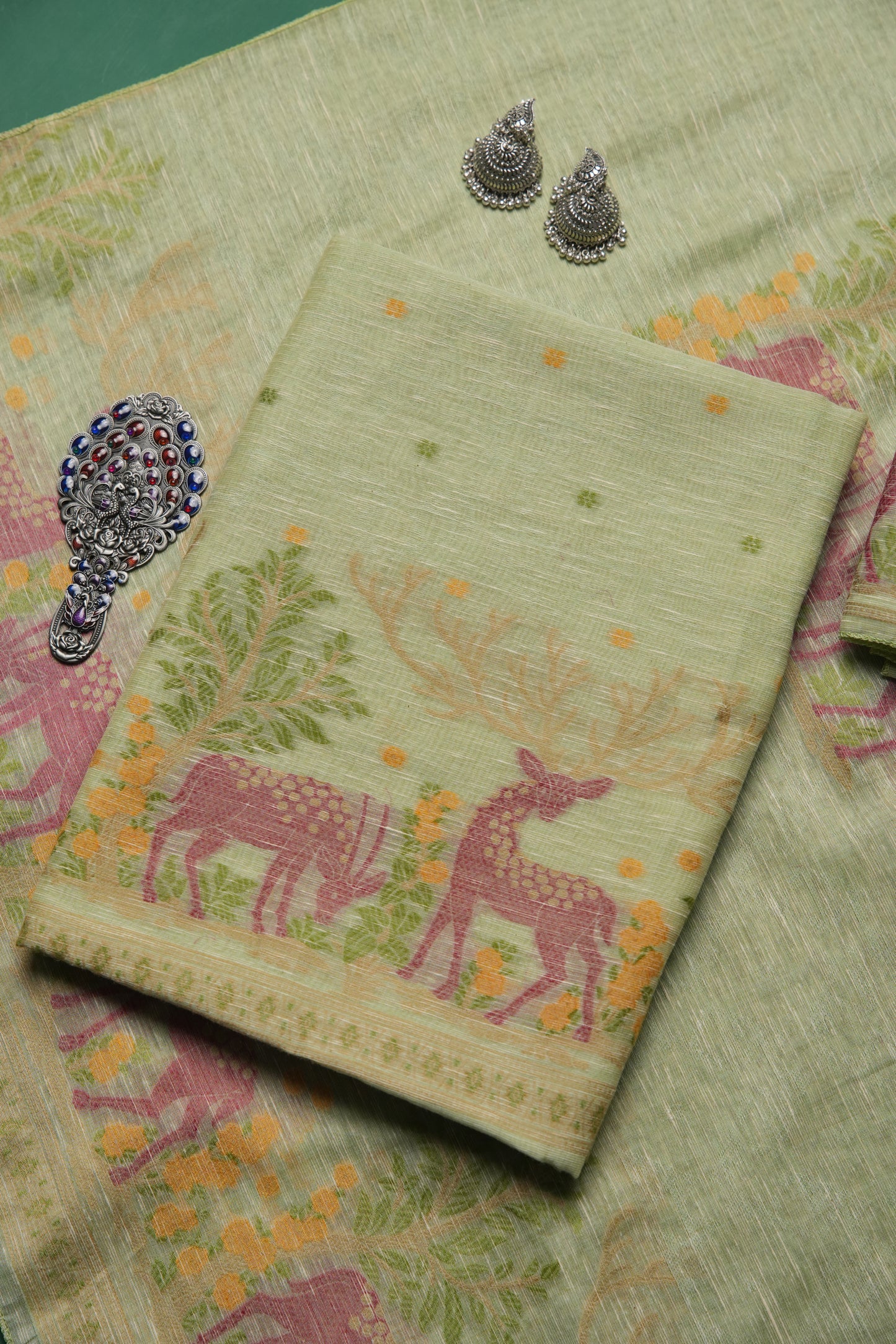 Linen Aura Pista Green Cotton Linen Unstitched Suit Set