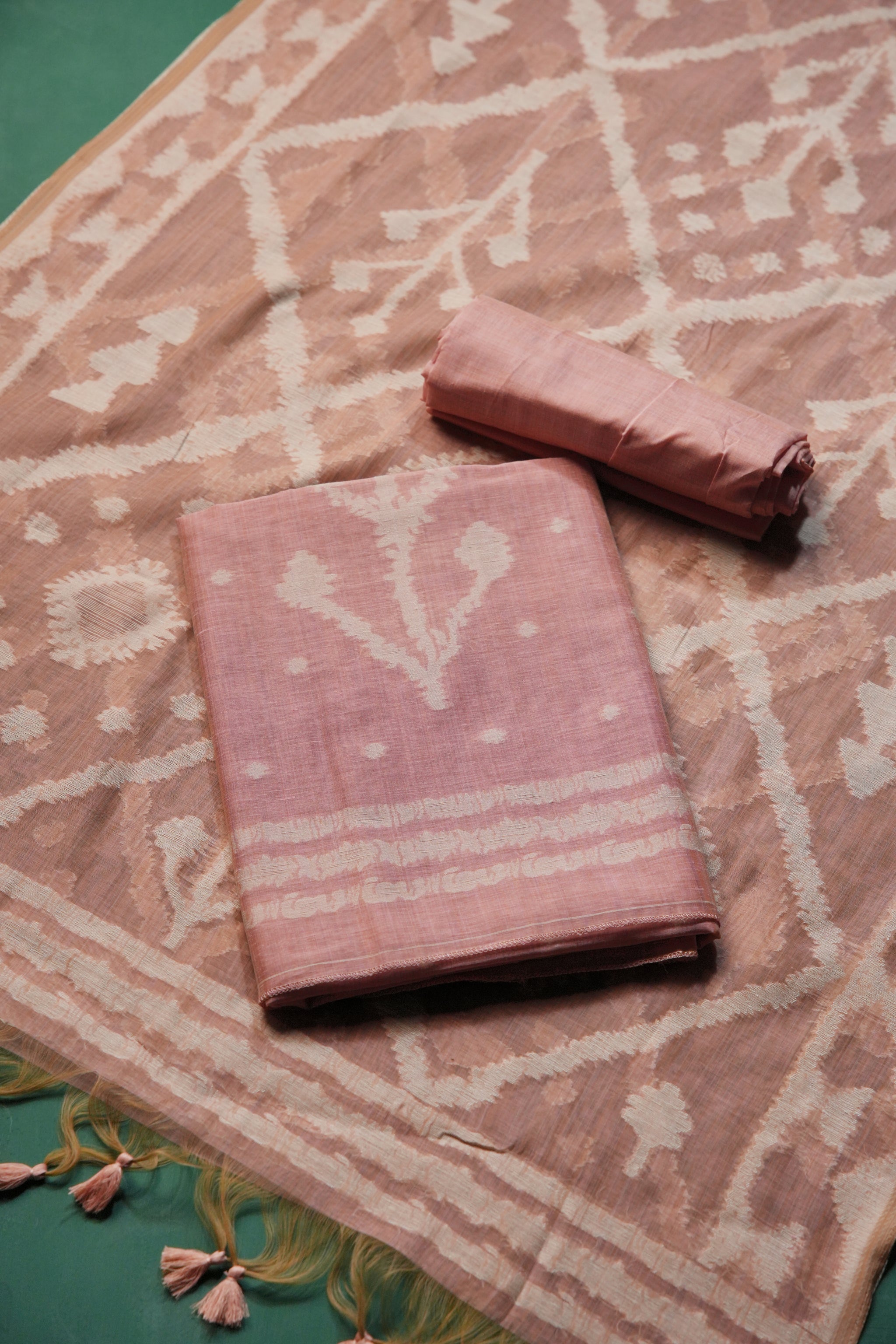 Vibrant Weaves Pink Jamdani Muga Cotton Unstitched Suit Set