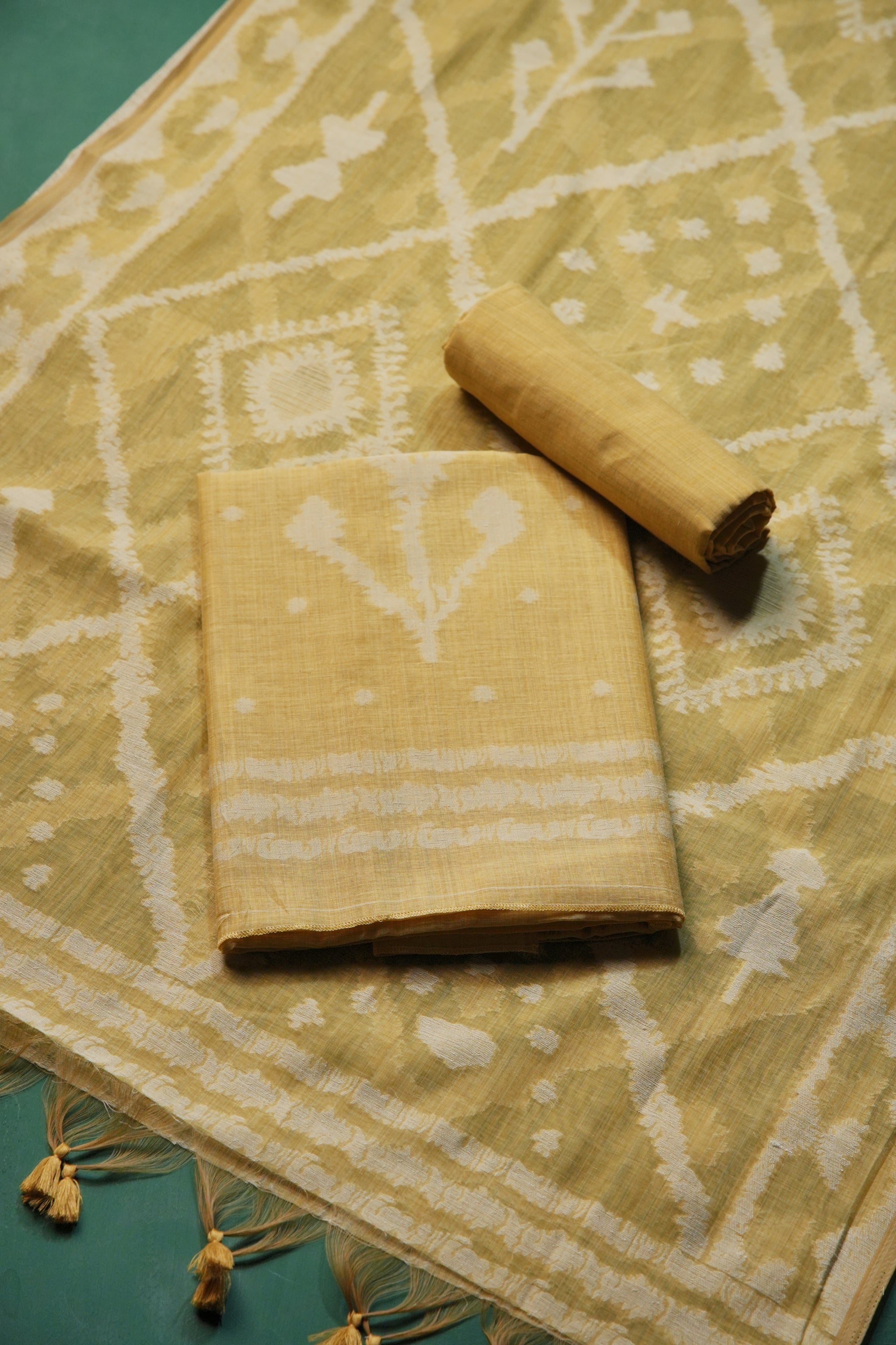 Vibrant Weaves Yellow Jamdani Muga Cotton Unstitched Suit Set