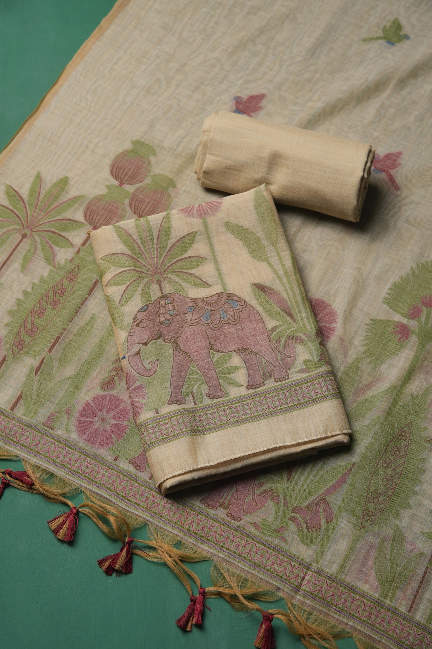 Regal Weave Maroon Muga Cotton Unstitched Suit Set