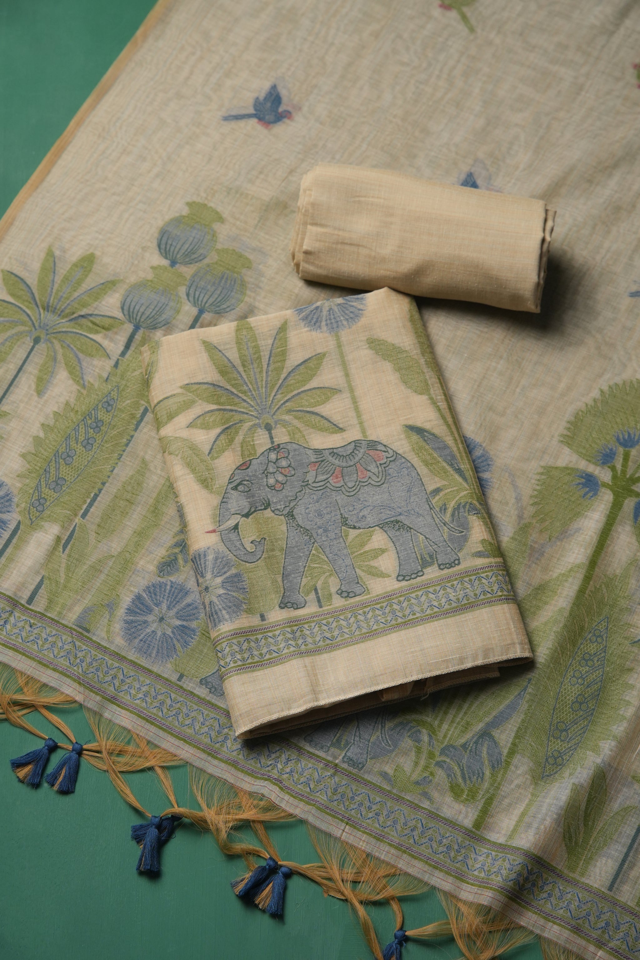 Regal Weave Navy Muga Cotton Unstitched Suit Set