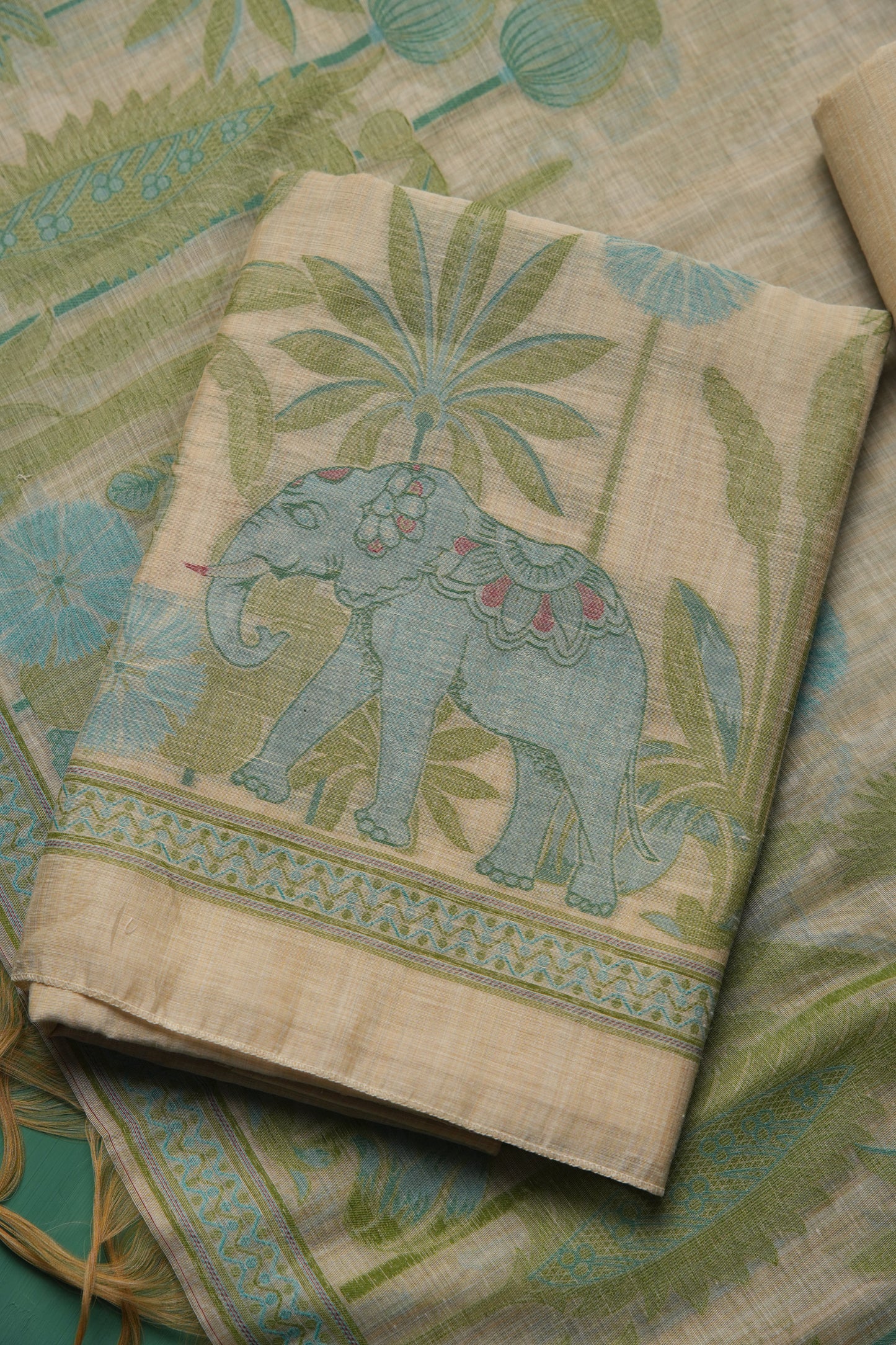 Regal Weave Teal Muga Cotton Unstitched Suit Set