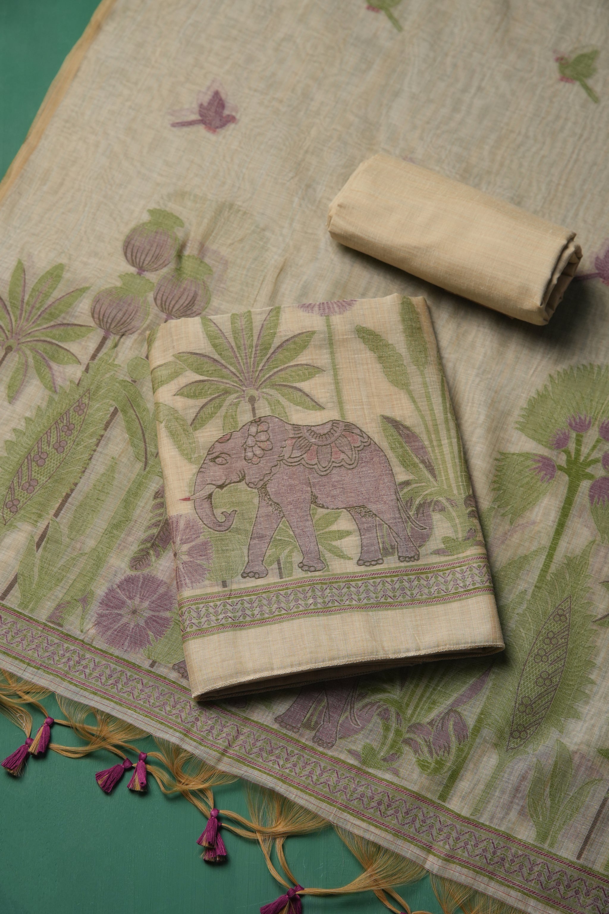 Regal Weave Wine Muga Cotton Unstitched Suit Set