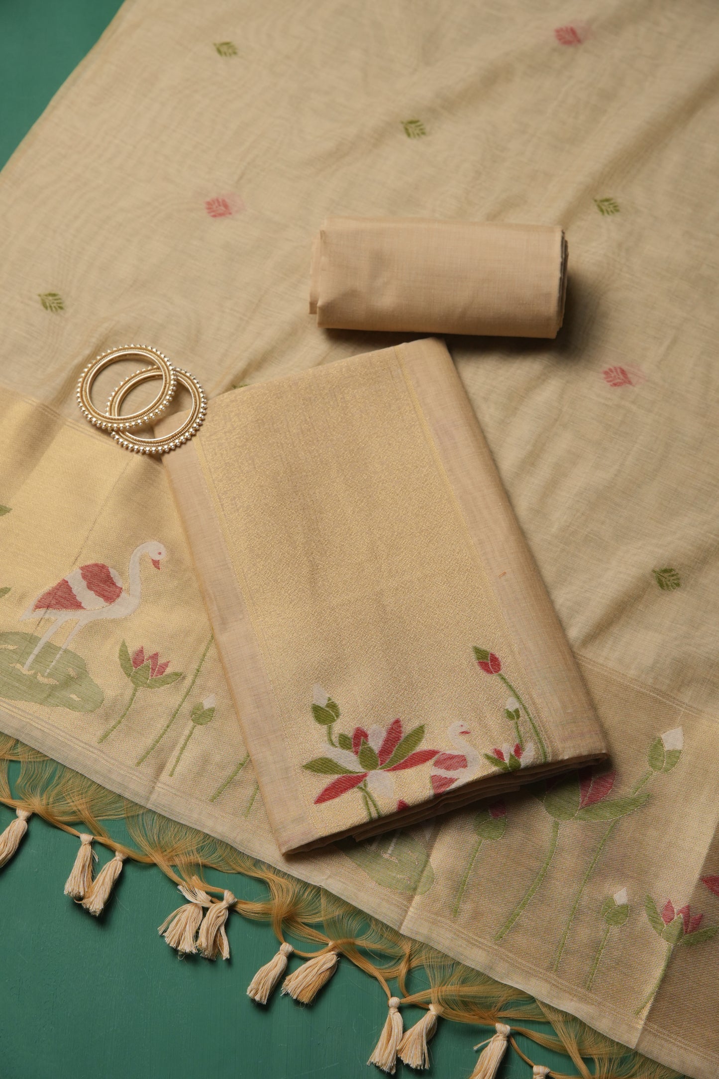Woven Charm Beige Muga Cotton Unstitched Suit Set
