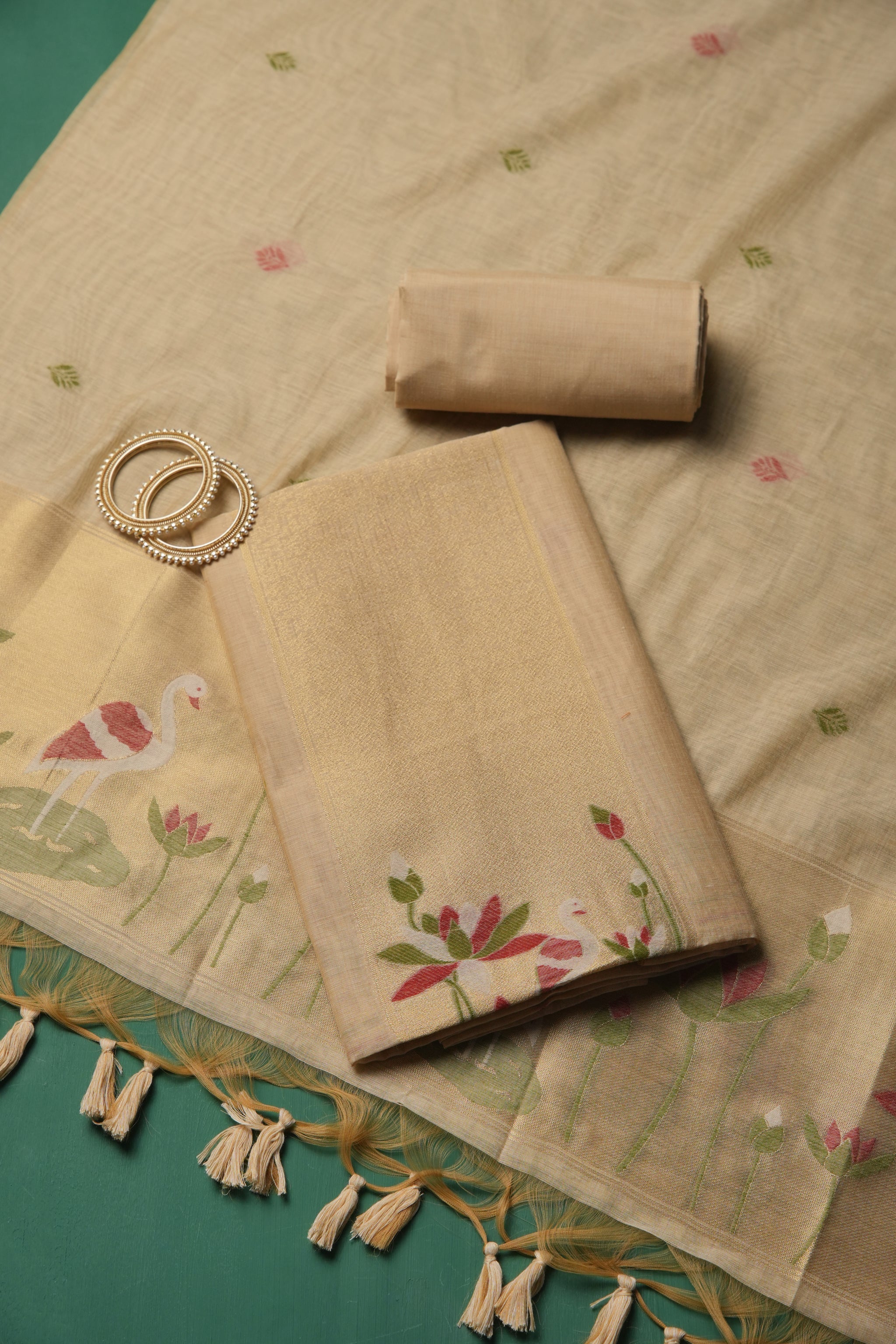 Woven Charm Beige Muga Cotton Unstitched Suit Set